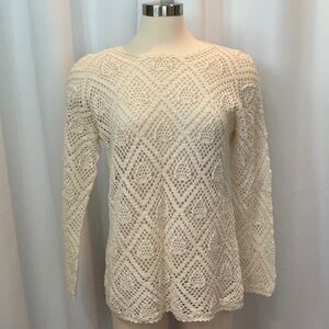 Vintage SML Sport Beige Cream Crochet Long-Sleeve Pullover Sweater Women Size M